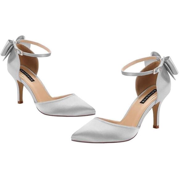 Wedding Shoes silver 9.5 Mid Heels Pumps with Bow Knot Satin Shoes - Picture 2 of 10